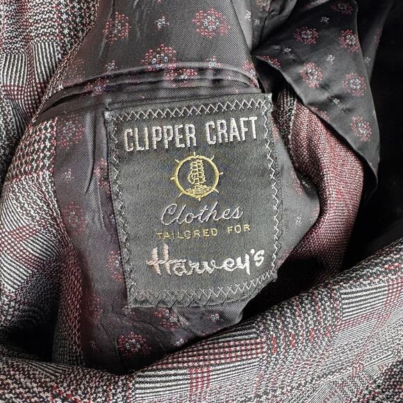 Vintage 70s Clipper Craft Plaid Suit Mens 42 Gray Red Blazer Jacket Pants 36x30 - Picture 6 of 8